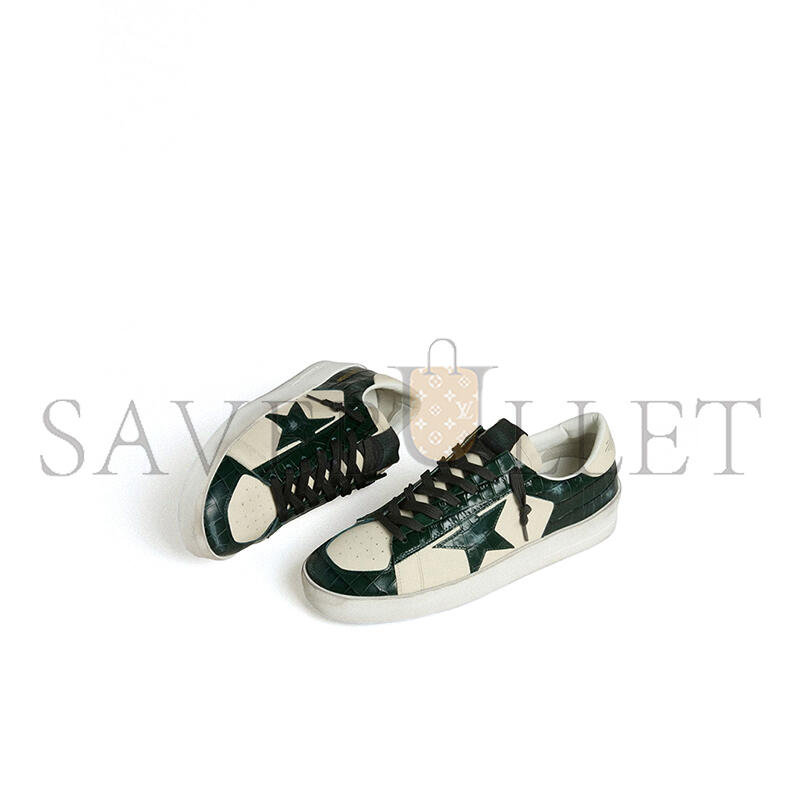 GOLDEN GOOSE MEN'S STARDAN LTD IN CREAM LEATHER WITH GREEN CROCODILE-PRINT LEATHER STAR AND INSERTS GMF00667
